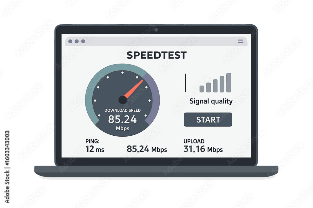 Poster internet speed test on laptop screen concept. computer with website page for checking broadband conn