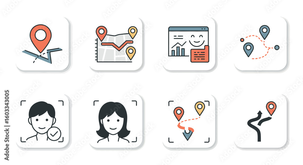 Poster navigation and routes with map icons and user interface elements