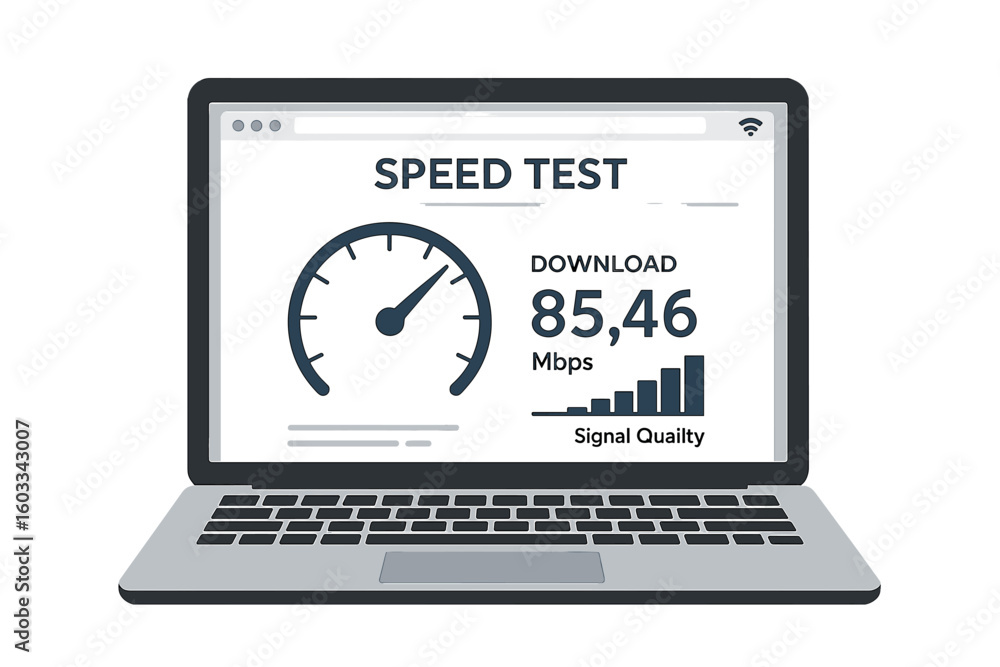 Poster laptop with internet connection speed test on screen. web page shows download speed measurement and 