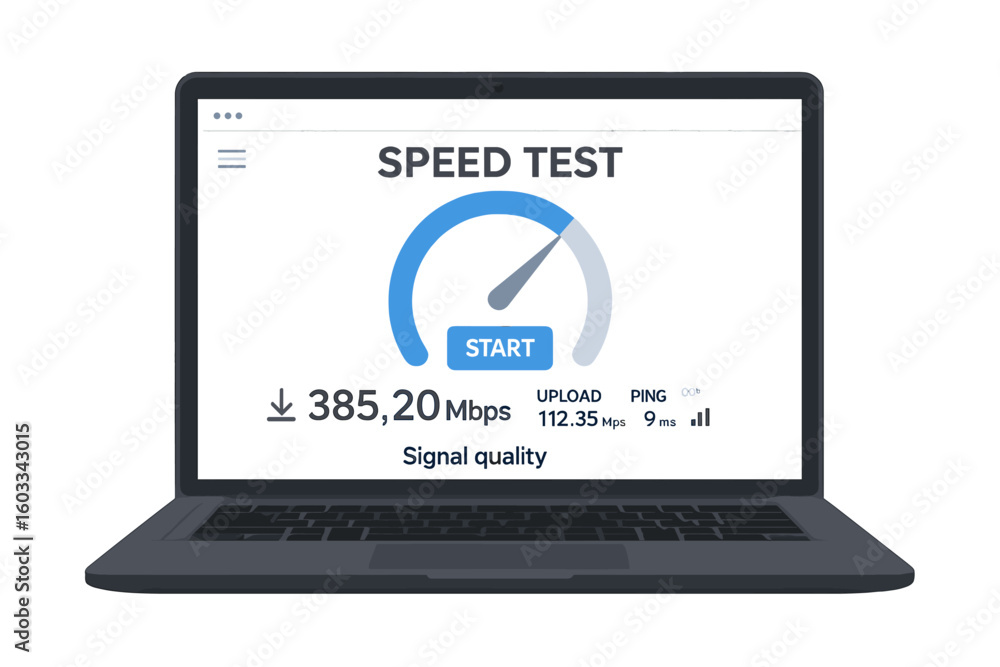 Poster laptop internet speed test display. high-speed network performance measurement. broadband download a