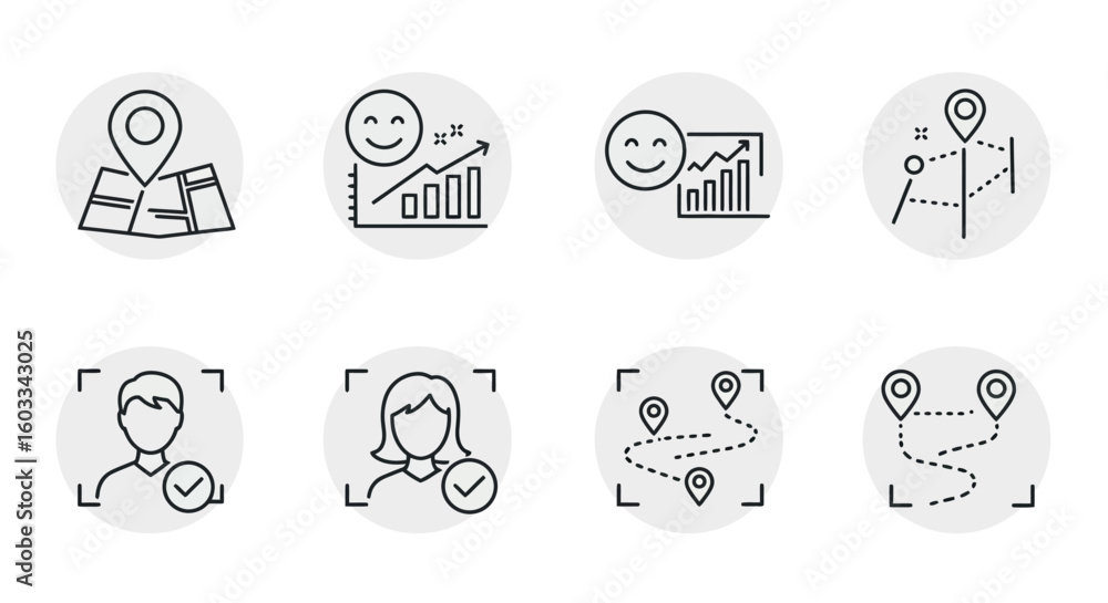 Poster location and analytics icons with simple outline style for digital applications