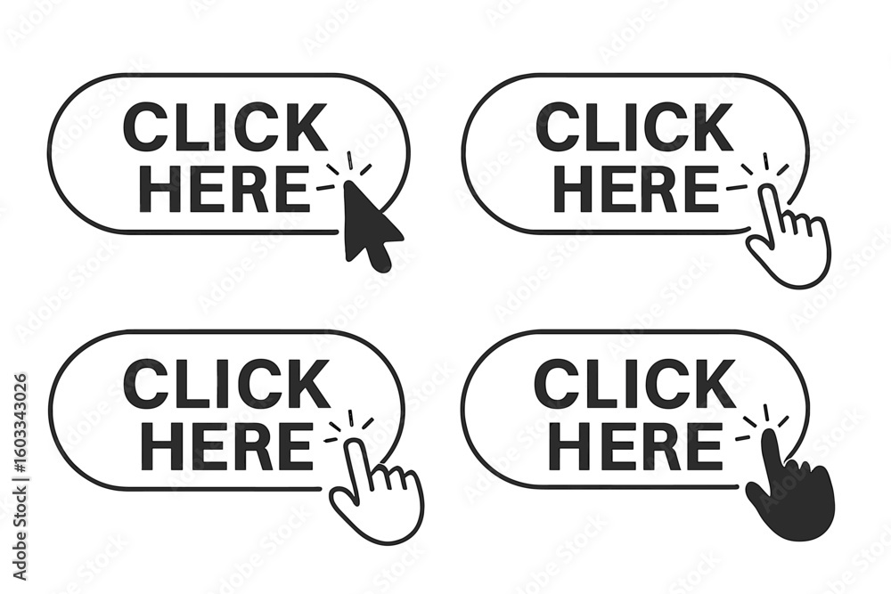 Fototapete Click here button vector set with mouse computer cursor and hand pointer icons. Modern flat call to action elements for website design. UI and UX graphic interface symbol.