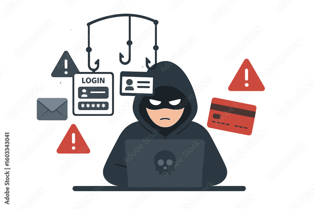 Poster hacker phishing concept. cybercrime and internet fraud. anonymous man in hoodie stealing password, l