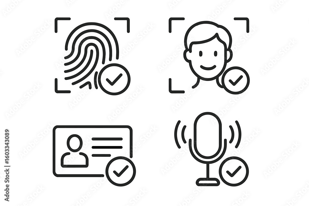 Poster biometric authentication icon set. fingerprint scan, face recognition, voice control, and id card ve