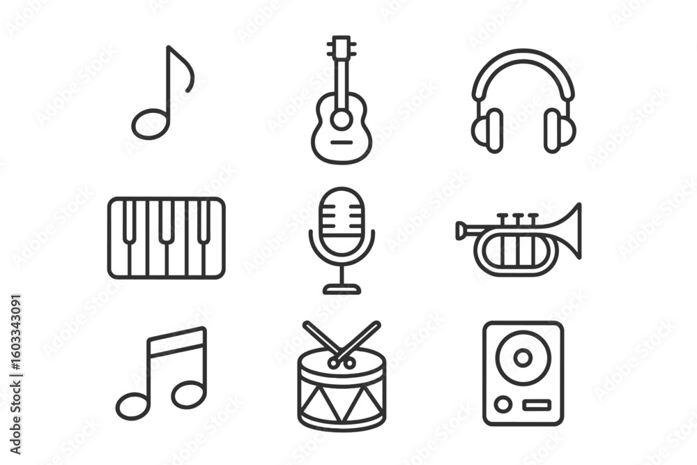 Aufkleber music and audio icon set. linear vector symbols collection. musical instruments and equipment outlin
