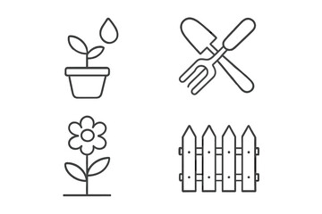 Gardening and farming thin line icon set. Editable stroke vector icons. Includes garden tools, spade, rake, picket fence, flower, potted plant, and watering concept for design.