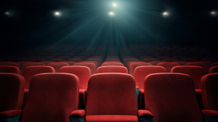A conceptual cinema background features an empty seat arrangement and space for copy, ideal for promotional visuals