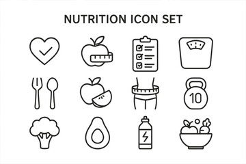 Nutrition line icon set. Healthy food and diet symbols. Fitness, wellness and health care concept. Vector icons for gym, weight loss, meal plan, and healthy lifestyle.