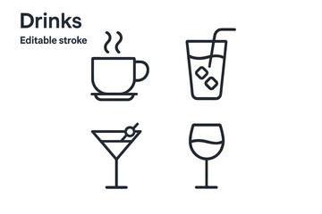 Drinks and beverages line icon set. Coffee cup, cocktail, wine glass, and juice. Simple outline vector illustration for bar, cafe, restaurant menu. Editable stroke.