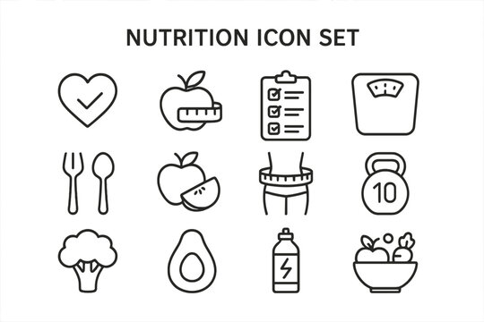 Nutrition line icon set. Healthy food and diet symbols. Fitness, wellness and health care concept. Vector icons for gym, weight loss, meal plan, and healthy lifestyle.