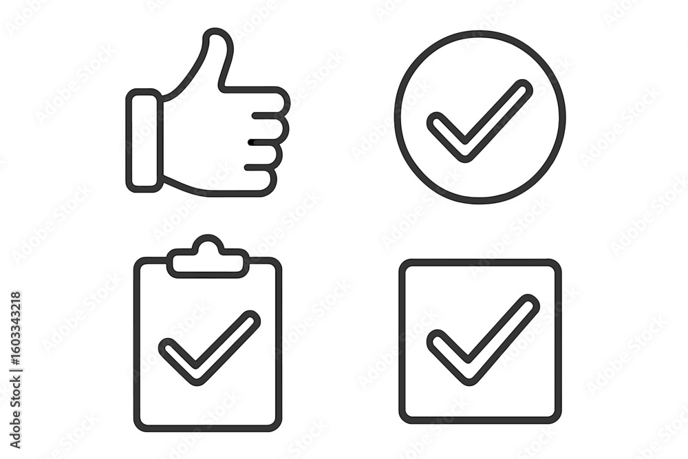 Poster check mark icon set. thumbs up like, tick in circle, completed task list on clipboard, approved chec
