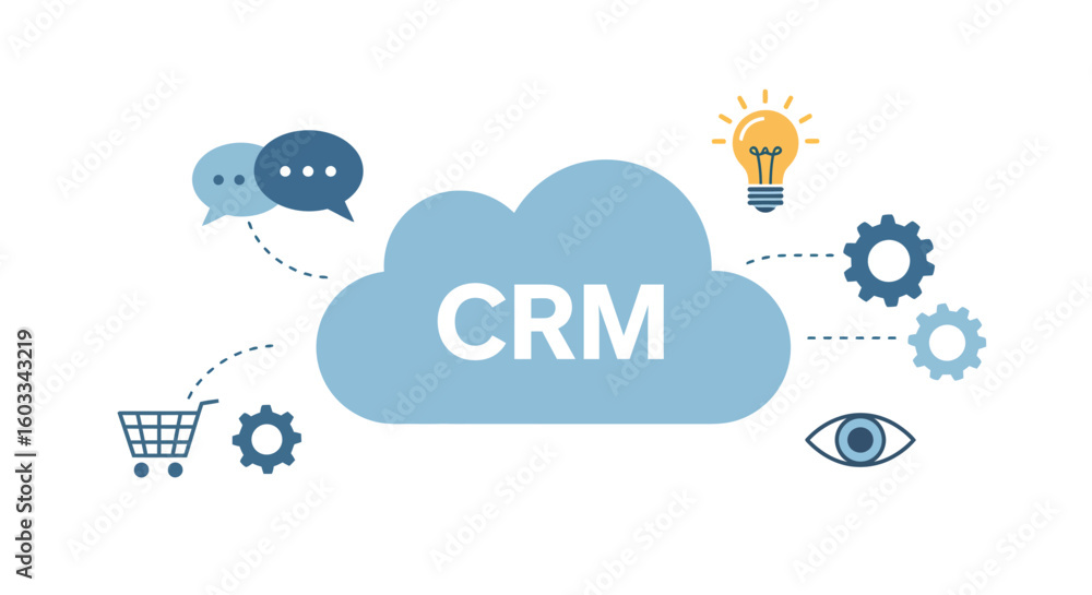Poster cloud-based crm and business tools with communication icons and modern design