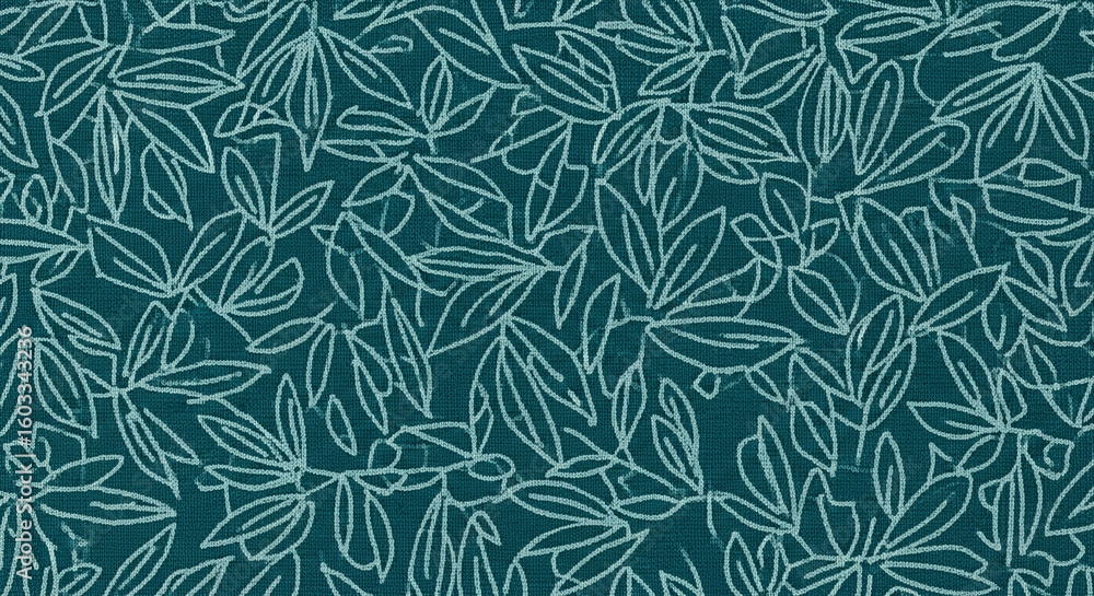 Poster teal textured background with a repeating pattern of light teal leaves, creating a botanical textile