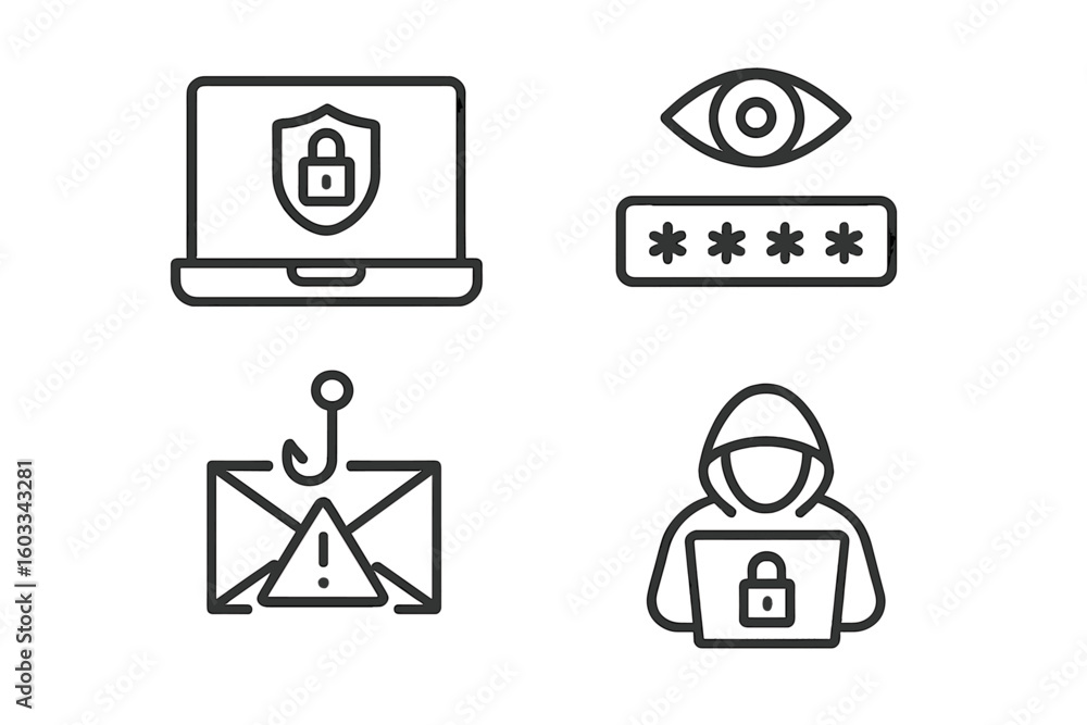 Fototapete cyber security line icon set. concepts of hacking, phishing, data protection, and privacy. hacker, p