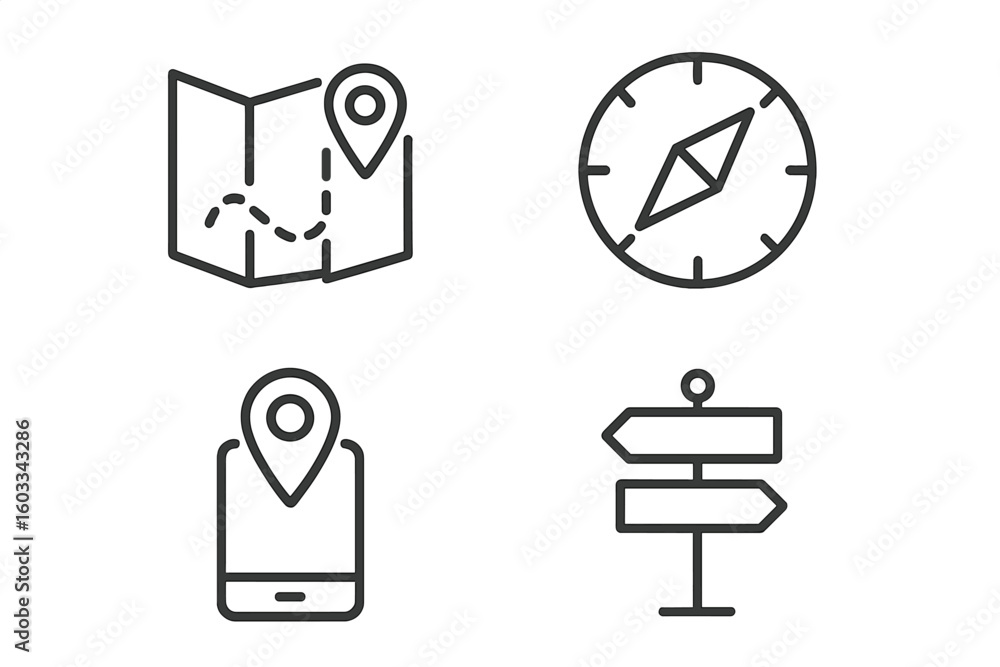 Poster navigation and travel icon set. map with route pin, compass, and gps on phone screen. direction sign