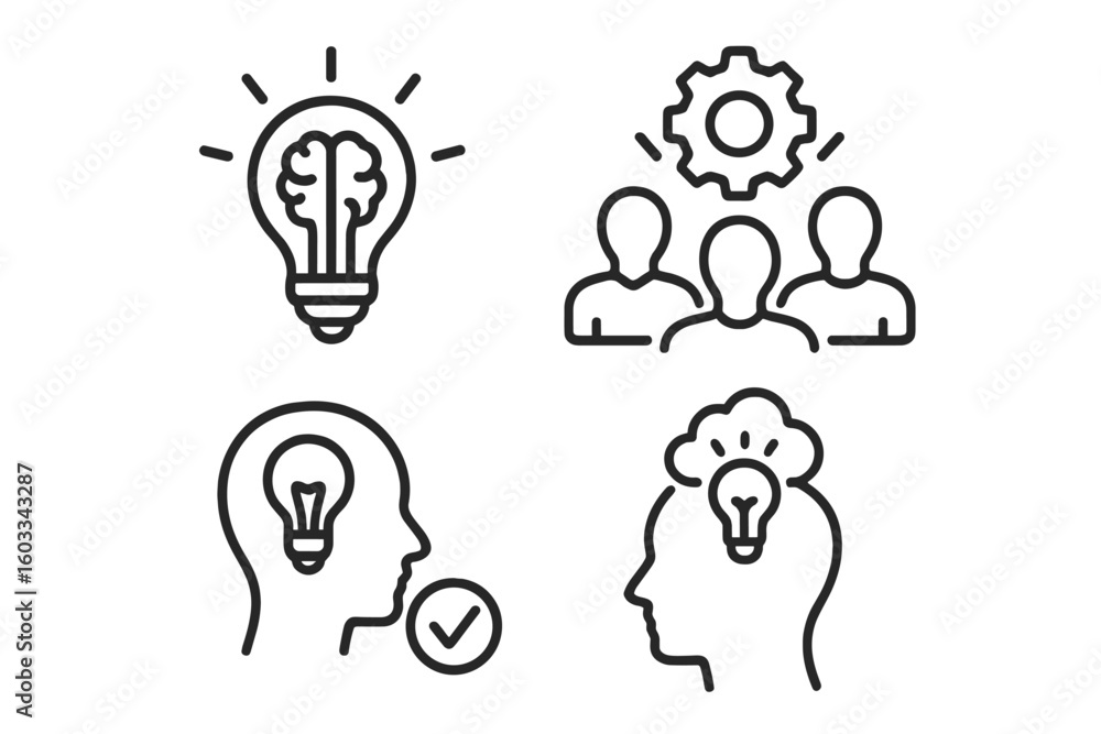 Poster creativity and innovation line icon set. brainstorming, teamwork, and business solution concepts. cr