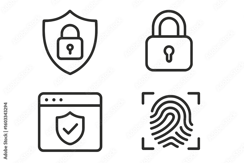 Poster cyber security icon set. vector outline icons for web and mobile apps. includes padlock, shield, fin