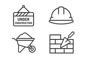 Construction line icon set. Building site vector symbols. Under construction sign, safety hard hat, wheelbarrow, bricklaying trowel. Editable outline pictograms for web.