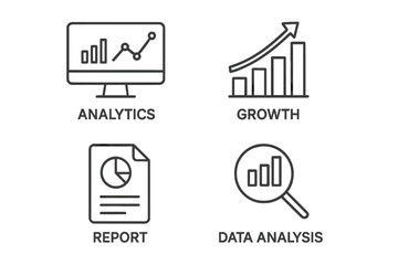 Data analysis icon set. Business analytics, financial growth chart, marketing report, and statistics icons. Vector graphic elements in a simple, editable outline style.