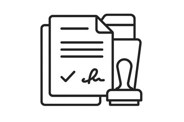Contract signing icon with signature and approval stamp. Vector illustration of a legal document in a folder. Concept for agreement, deal validation, and official certification.