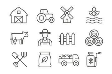 Farming and agriculture line icon set. Vector symbols for farm, rural life, and organic food. Includes barn, tractor, windmill, cow, farmer, and harvest icons. Editable outline.