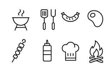 Barbecue and grill line icon set. Vector symbols for outdoor cooking, summer picnic, and BBQ party. Includes steak, sausage, kebab, fire, chef hat. Editable outline stroke.