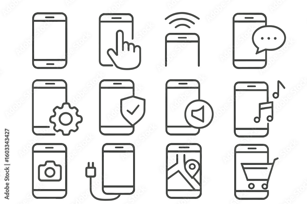 Poster mobile phone functions line icon set. smartphone feature outline icons for web and app. vector colle