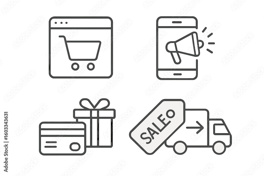 Poster e-commerce web icons set in line style. online shopping concepts for web and mobile app. digital mar