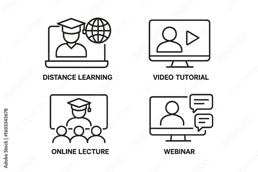 Fototapete E-learning line icon set for online education. Concepts include distance learning, video tutorial, webinar, and online lecture. Vector symbols for web and mobile apps.