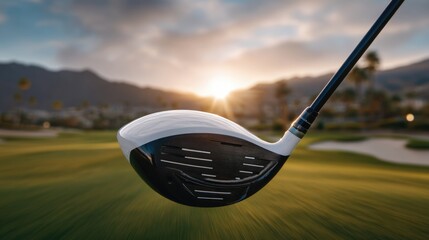A golfer executes a powerful swing during sunset, highlighting the club head while the glowing sun sets behind the mountain. The lush green grass stretches out, enhancing the atmosphere