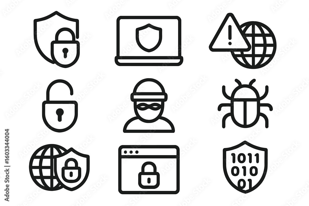 Poster cyber security icon set for internet protection. vector line art for web and mobile app design. incl