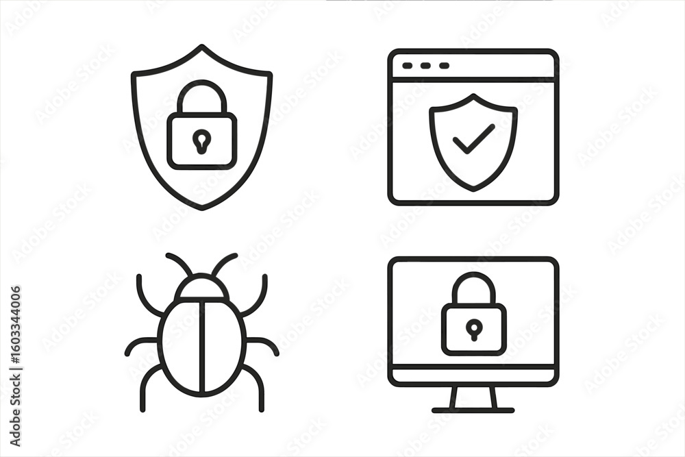 Fototapete Cyber security line icon set. Internet data protection, computer virus, and web safety symbols. Secure access and antivirus shield pictogram for mobile app and website.