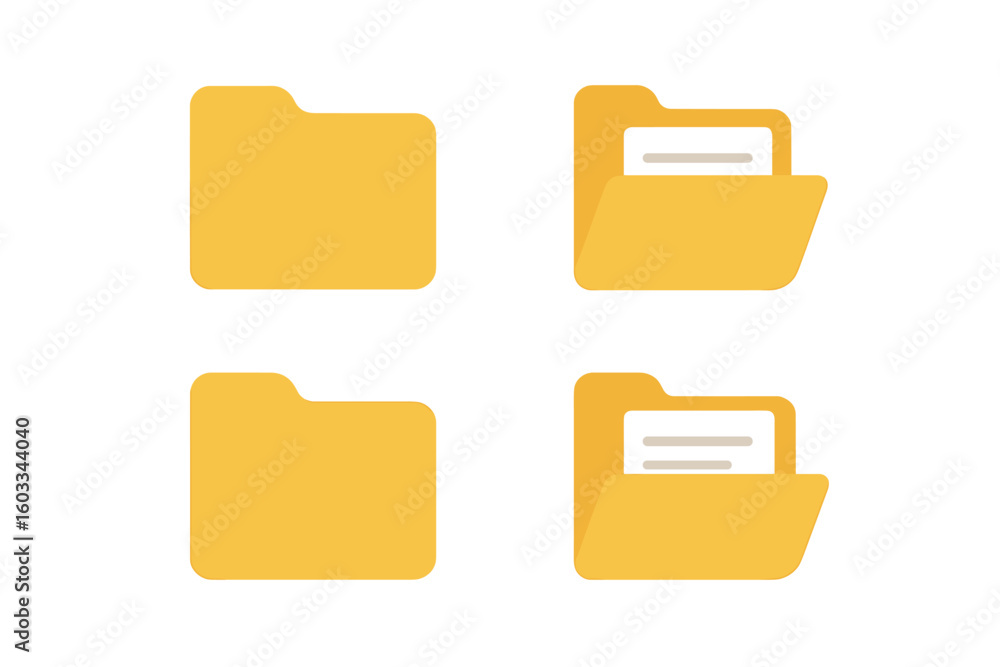 Poster folder icon set. open and closed yellow folders with documents inside. flat design graphic element f