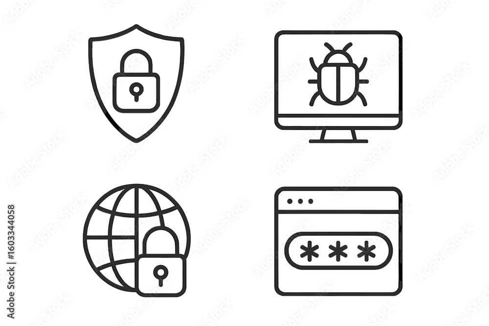 Fototapete Cyber security icon set in line style. Internet protection, data privacy, and computer safety concept. Includes virus scan, password authentication, and network shield.