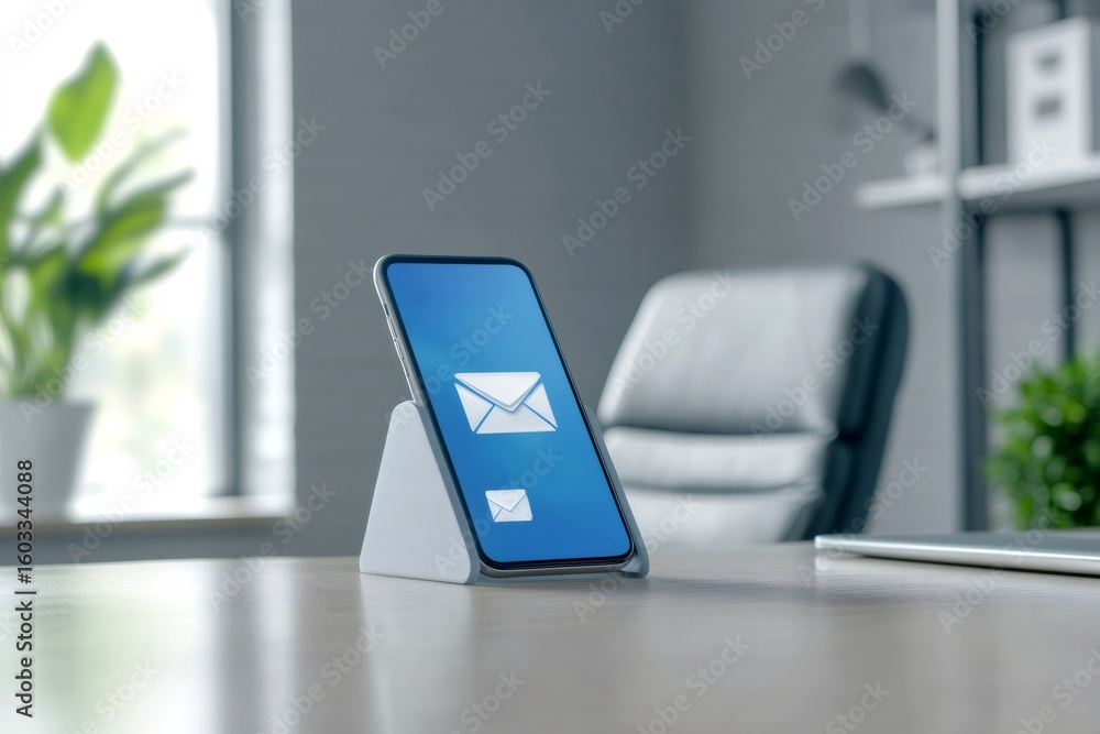 Poster modern smartphone displaying an email notification on the screen, set against a minimalist home offi