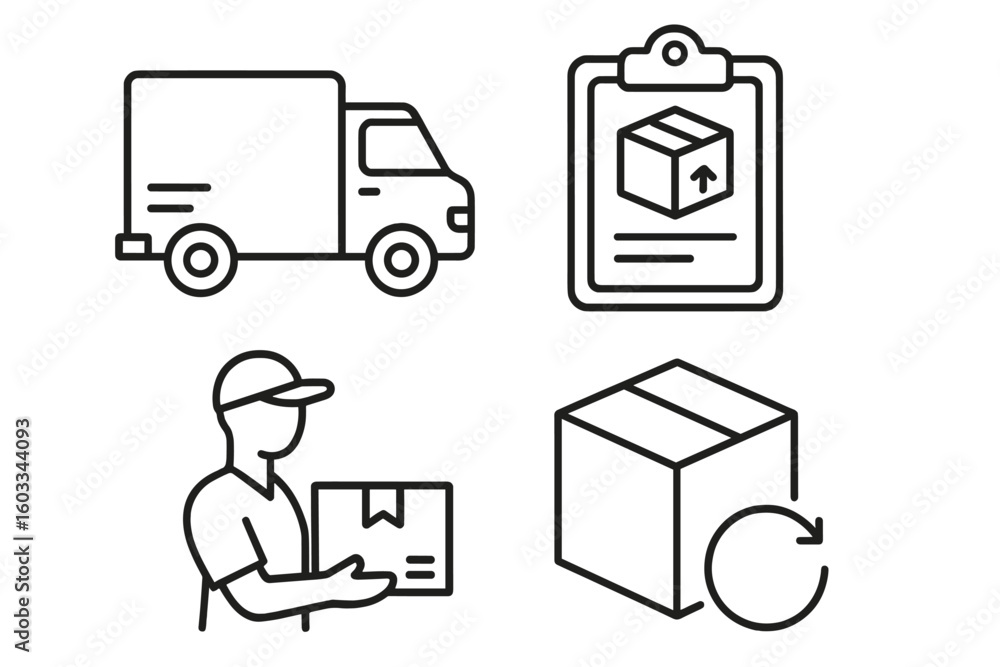 Poster delivery and logistic icon set in thin line style. shipping service symbols for web and mobile app d