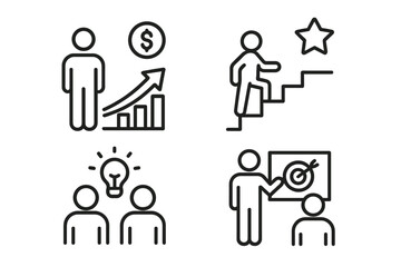 Personal growth and success line icon set. Business icons for financial profit, career progress, teamwork idea, coaching, and achieving goals. Editable stroke vector graphic.