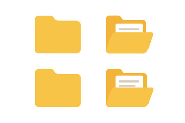 Folder icon set. Open and closed yellow folders with documents inside. Flat design graphic element for web, UI, UX. Data storage, file management, and document organization symbol.