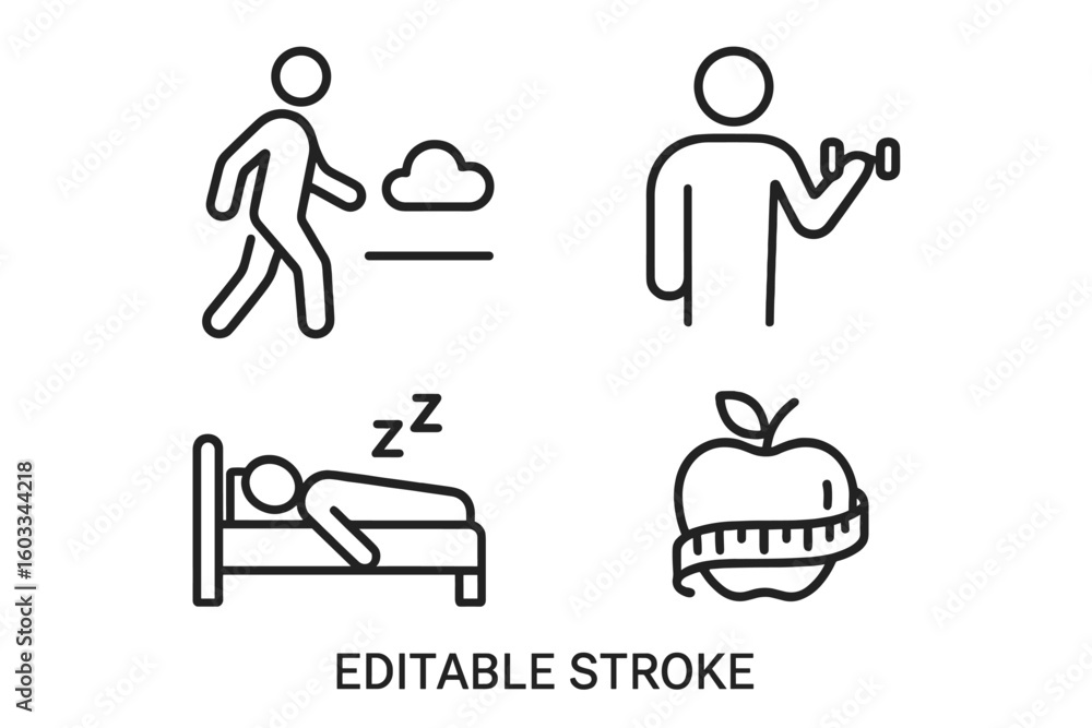 Poster healthy lifestyle line icon set for web and mobile app. includes concepts like physical activity, ex