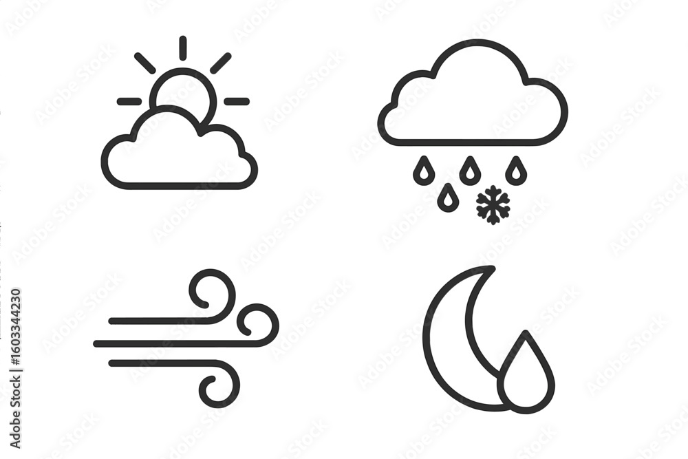 Poster weather forecast line icon set. meteorology concept. thin line symbols for web and mobile app. sun, 