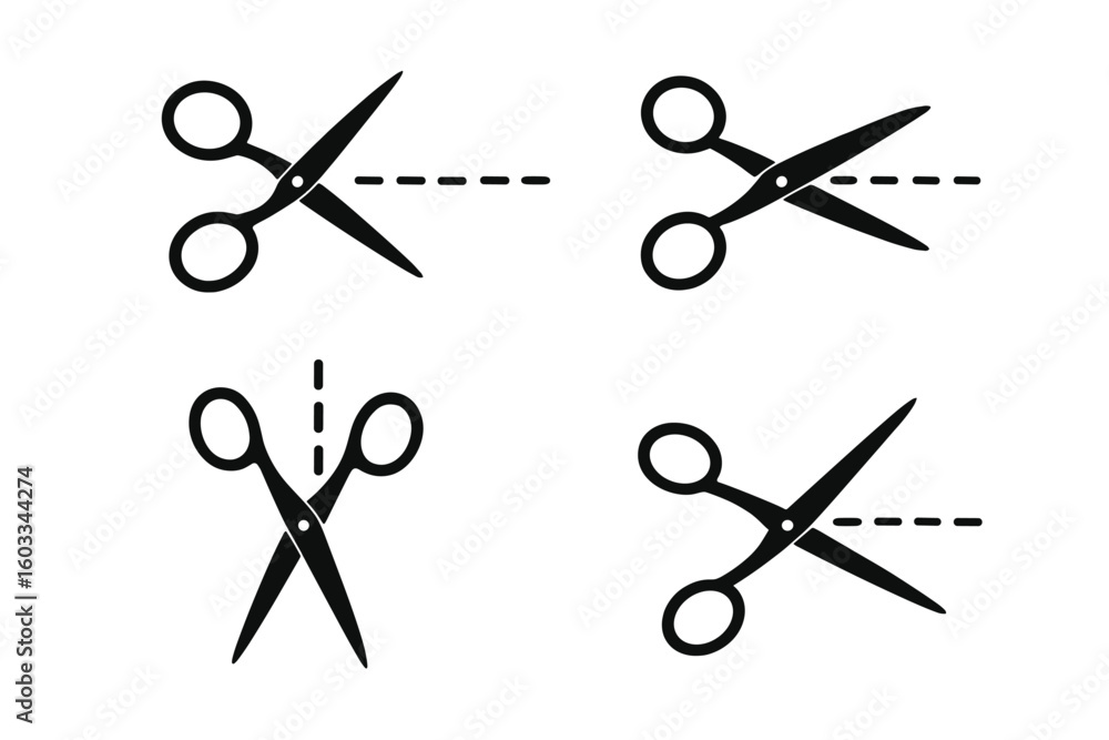 Poster set of black scissors icons with cut lines. dotted line path for cutting. vector silhouette collecti