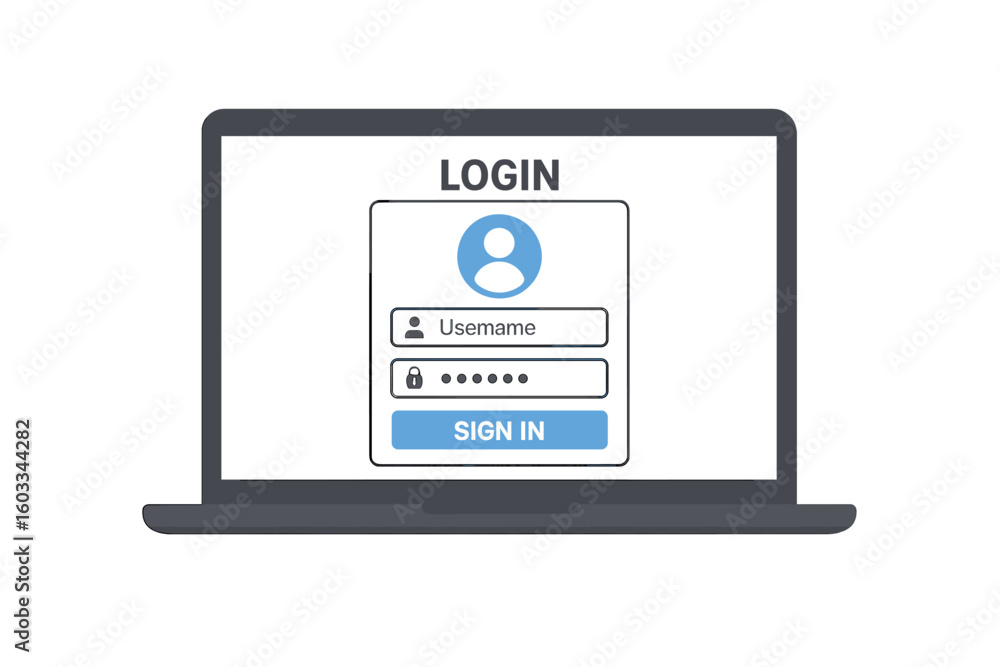 Poster login form page on laptop screen. user account authentication with username and password. sign in to