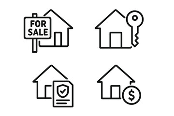 Fototapeta premium Real estate icon set in thin line style. Vector symbols for realty concepts. Home purchase, for sale sign, house key, property insurance, mortgage, and finance graphics.