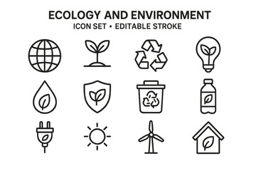 Ecology and environment line icon set. Vector symbols for sustainability, green energy, and conservation. Includes recycling, plants, and renewable power. Editable stroke.