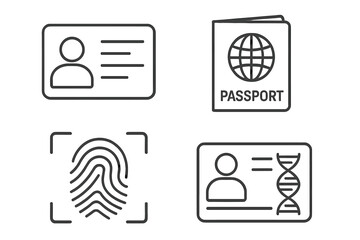 Identity and authentication line icon set. Personal identification and security verification symbols. Biometric access control, passport, ID card, DNA, fingerprint scan vector.