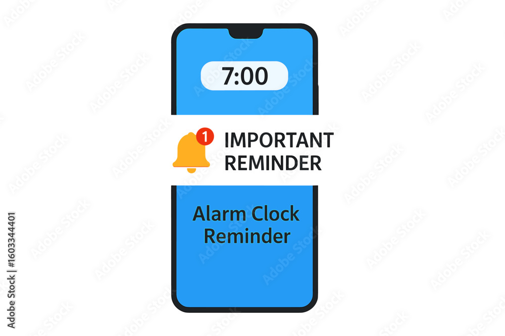 Poster important reminder notification on smartphone screen. alarm clock alert for event or deadline. time 