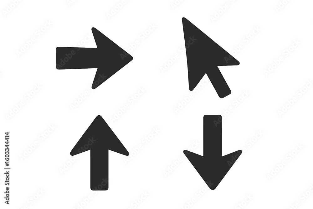 Fototapete Big set of 4 black vector arrows for web design. Simple arrow icon pack with cursor and pointer for click. Up, down, next direction symbols for website navigation UI element.