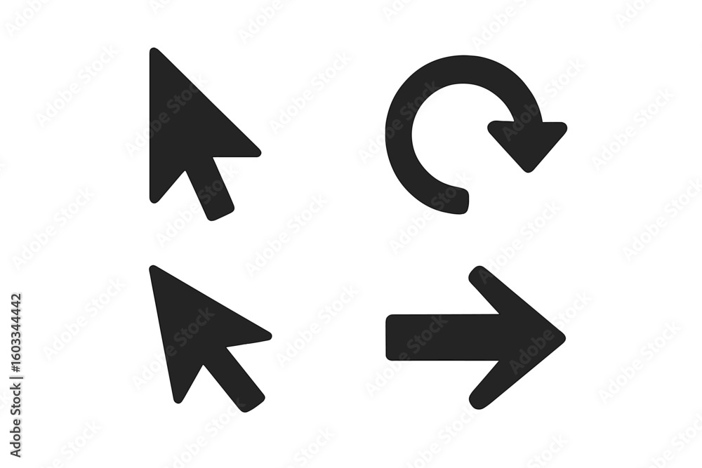 Poster Arrow icon vector set for web design and user interface. UI UX graphic elements for website navigation. Includes mouse cursor, pointer, click, next, forward, reload, and refresh symbols.
