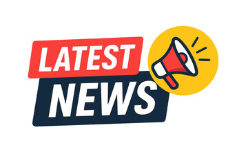 Latest news banner with megaphone icon. Breaking news announcement label with loudspeaker symbol. Promotion advertising sticker for flyer or web. Important update vector.