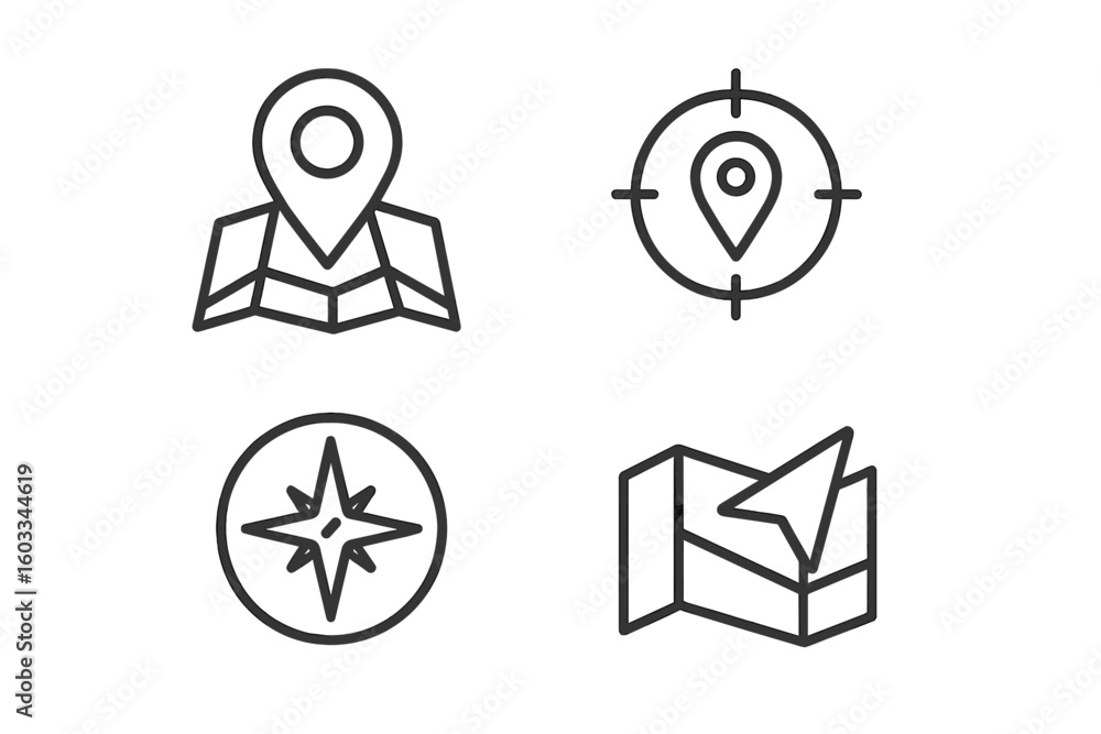 Poster location and navigation line icon set. vector map pin, gps target, compass, and direction symbols. u